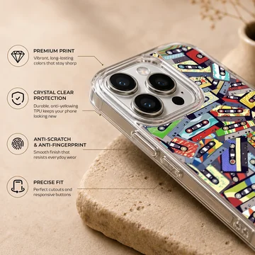 An artistic collage of colorful vintage cassette tapes printed on a matte phone case — Info