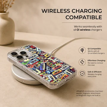 An artistic collage of colorful vintage cassette tapes printed on a matte phone case — Charging