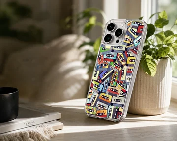 An artistic collage of colorful vintage cassette tapes printed on a matte phone case — Lifestyle