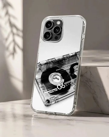 Monochrome vintage cassette tape photographic print on a phone case