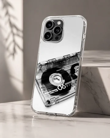 Monochrome vintage cassette tape photographic print on a phone case — Hero