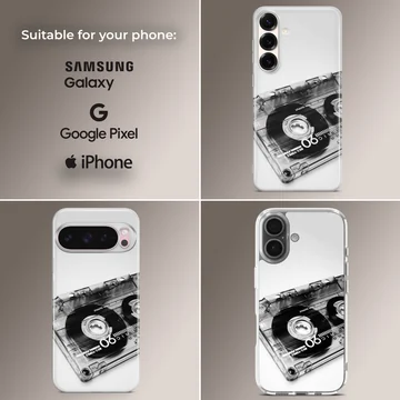 Monochrome vintage cassette tape photographic print on a phone case — Collage