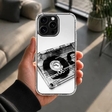Monochrome vintage cassette tape photographic print on a phone case — Lifestyle