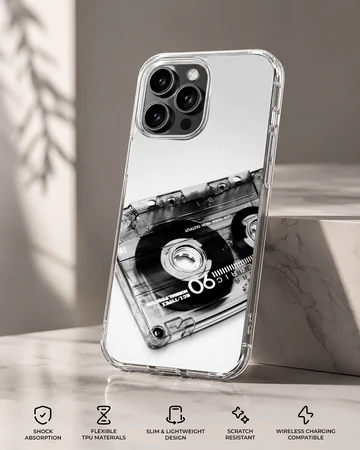 Monochrome vintage cassette tape photographic print on a phone case — Specs