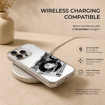 Monochrome vintage cassette tape photographic print on a phone case — Charging