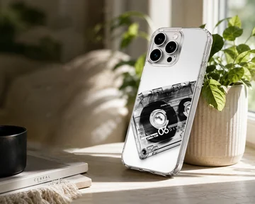 Monochrome vintage cassette tape photographic print on a phone case — Lifestyle