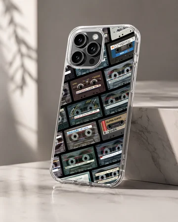 Collage of vintage cassette tapes with handwritten labels on a matte phone case — Hero