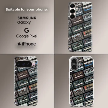 Collage of vintage cassette tapes with handwritten labels on a matte phone case — Collage