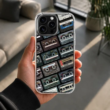 Collage of vintage cassette tapes with handwritten labels on a matte phone case — Lifestyle