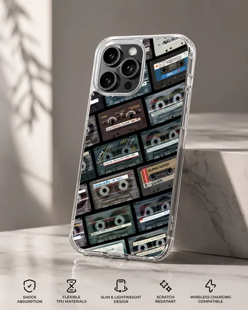 Collage of vintage cassette tapes with handwritten labels on a matte phone case — Specs