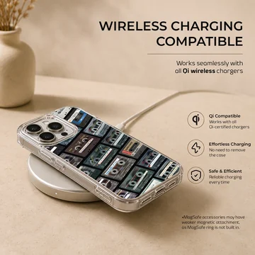 Collage of vintage cassette tapes with handwritten labels on a matte phone case — Charging
