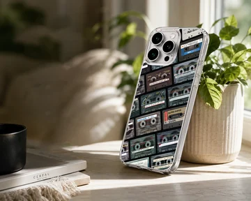Collage of vintage cassette tapes with handwritten labels on a matte phone case — Lifestyle
