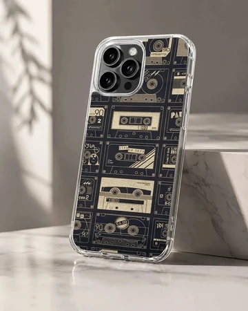 A vintage cassette tape patterned phone case featuring retro mixtapes on a dark background phone case