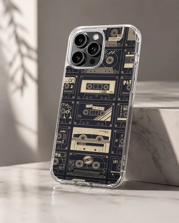 A vintage cassette tape patterned phone case featuring retro mixtapes on a dark background phone case — Hero