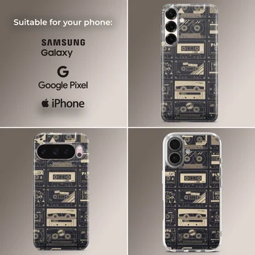 A vintage cassette tape patterned phone case featuring retro mixtapes on a dark background phone case — Collage