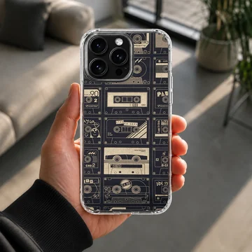 A vintage cassette tape patterned phone case featuring retro mixtapes on a dark background phone case — Lifestyle