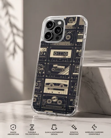 A vintage cassette tape patterned phone case featuring retro mixtapes on a dark background phone case — Specs