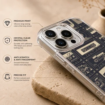 A vintage cassette tape patterned phone case featuring retro mixtapes on a dark background phone case — Info