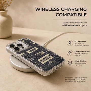 A vintage cassette tape patterned phone case featuring retro mixtapes on a dark background phone case — Charging