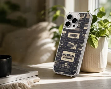 A vintage cassette tape patterned phone case featuring retro mixtapes on a dark background phone case — Lifestyle