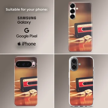 Vintage cassette tape with wired earbuds on a warm surface printed on a phone case — Collage
