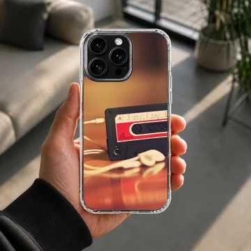 Vintage cassette tape with wired earbuds on a warm surface printed on a phone case — Lifestyle