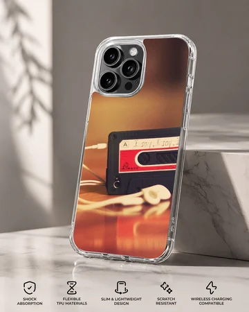 Vintage cassette tape with wired earbuds on a warm surface printed on a phone case — Specs