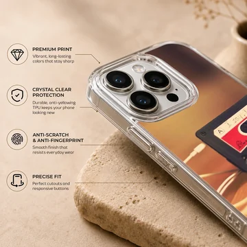 Vintage cassette tape with wired earbuds on a warm surface printed on a phone case — Info