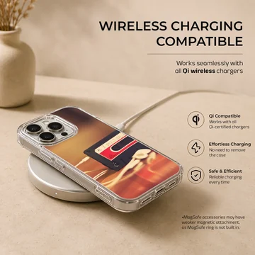 Vintage cassette tape with wired earbuds on a warm surface printed on a phone case — Charging