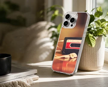 Vintage cassette tape with wired earbuds on a warm surface printed on a phone case — Lifestyle