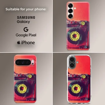Close-up photograph of a vintage translucent red cassette tape with yellow reels on a phone case — Collage