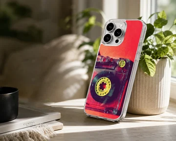 Close-up photograph of a vintage translucent red cassette tape with yellow reels on a phone case — Lifestyle