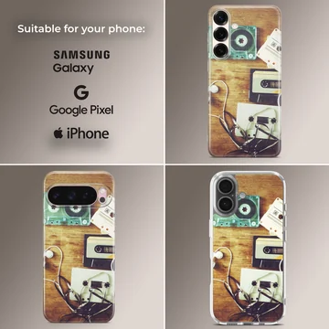 Retro cassette tapes and tangled ribbon on a wooden table phone case — Collage