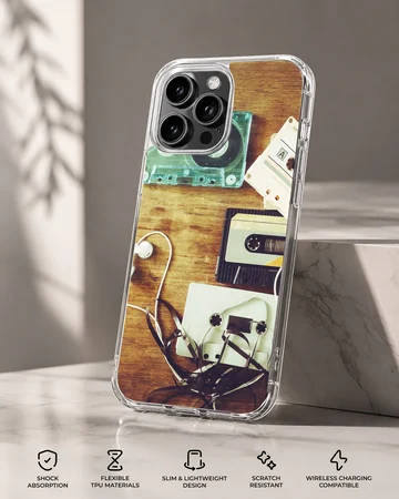 Retro cassette tapes and tangled ribbon on a wooden table phone case — Specs