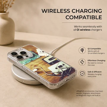 Retro cassette tapes and tangled ribbon on a wooden table phone case — Charging