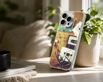 Retro cassette tapes and tangled ribbon on a wooden table phone case — Lifestyle