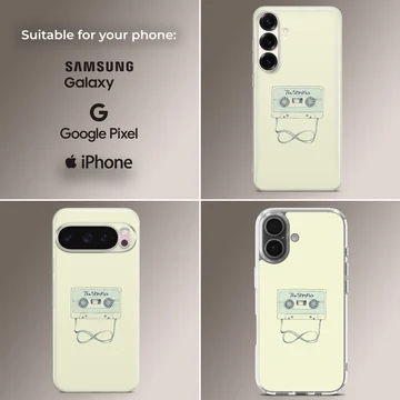 Illustrated vintage cassette tape with looped ribbon on a light yellow background phone case — Collage