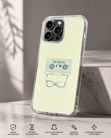Illustrated vintage cassette tape with looped ribbon on a light yellow background phone case — Specs