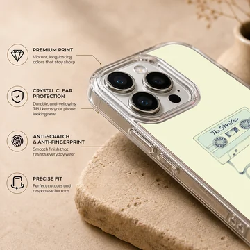 Illustrated vintage cassette tape with looped ribbon on a light yellow background phone case — Info