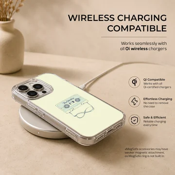 Illustrated vintage cassette tape with looped ribbon on a light yellow background phone case — Charging