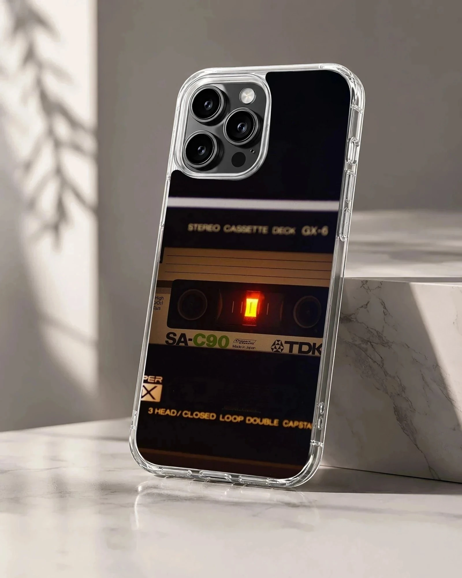Retro cassette tape audio player graphic printed on a phone case