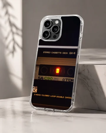 Retro cassette tape audio player graphic printed on a phone case — Hero