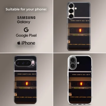Retro cassette tape audio player graphic printed on a phone case — Collage