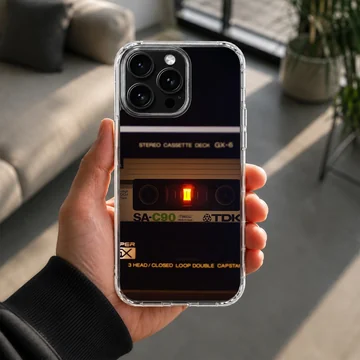 Retro cassette tape audio player graphic printed on a phone case — Lifestyle
