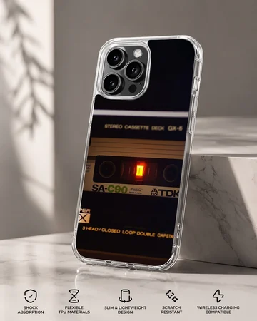 Retro cassette tape audio player graphic printed on a phone case — Specs