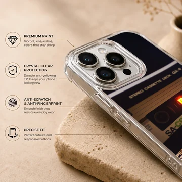 Retro cassette tape audio player graphic printed on a phone case — Info