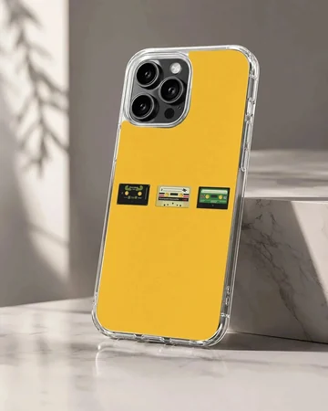 A vibrant yellow phone case featuring three miniature vintage cassette tapes lined up across the center, viewed as a phone case