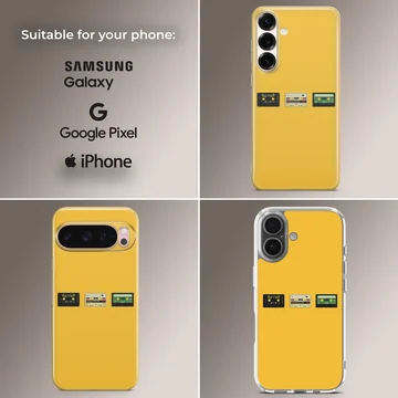 A vibrant yellow phone case featuring three miniature vintage cassette tapes lined up across the center, viewed as a phone case — Collage