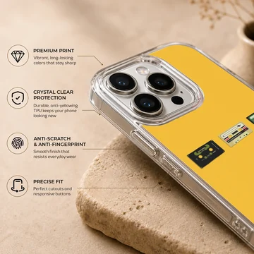 A vibrant yellow phone case featuring three miniature vintage cassette tapes lined up across the center, viewed as a phone case — Info
