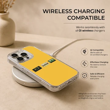 A vibrant yellow phone case featuring three miniature vintage cassette tapes lined up across the center, viewed as a phone case — Charging